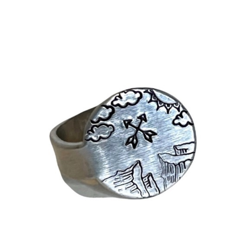 Handmade 9 silver stamped Mountain adjustable‎  hypoallergenic medallion ring